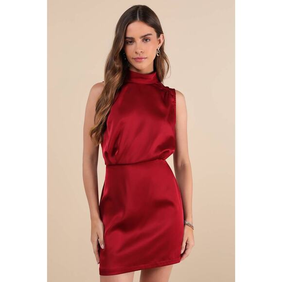 Lulus Classic Elegance Wine Red Satin Sleeveless Mock Neck Dress Cocktail XS - Picture 1 of 5